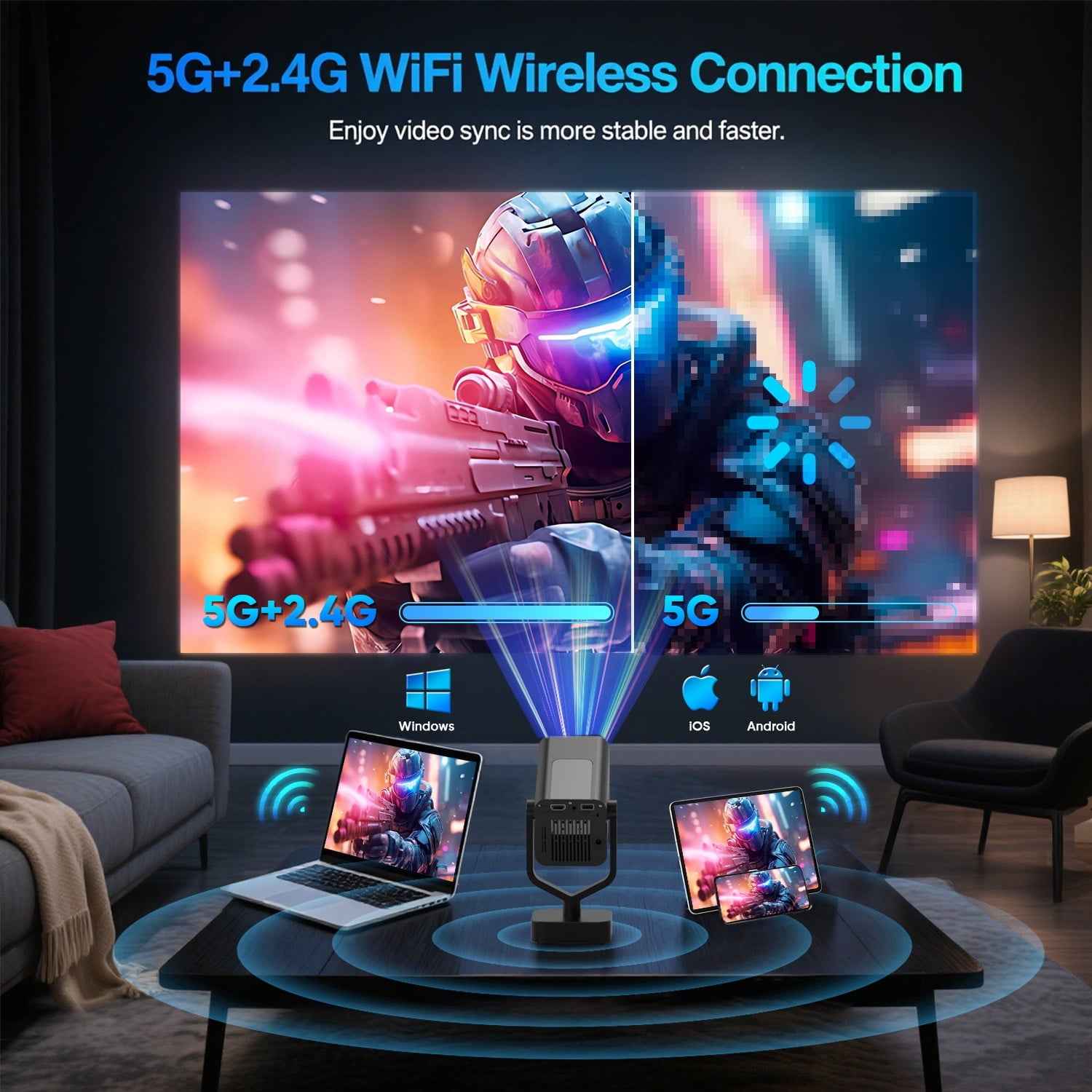 Synapik Bluetooth Projector, 1080P Support Portable Projector with Auto Keystone, Compatible with TV Stick/HDMI/USB, for Home/Party/Outdoor Use