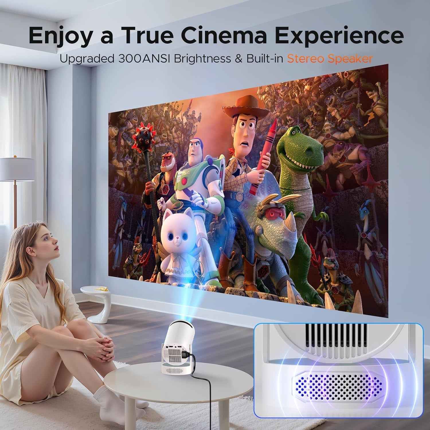 Synapik Mini Bluetooth Portable Projector with 5W Soundbase Speaker & 220ยฐ Rotation, Auto Keystone, 300 ANSI 4K WiFi Android 11 Smart Projector