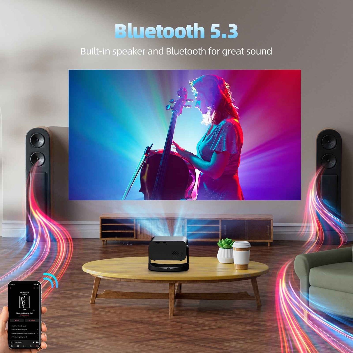 Synapik Smart Projector 1080P with WiFi and Bluetooth, 360° Rotation Portable Movie Projector with Auto Keystone & Electric Focus for Home Theater