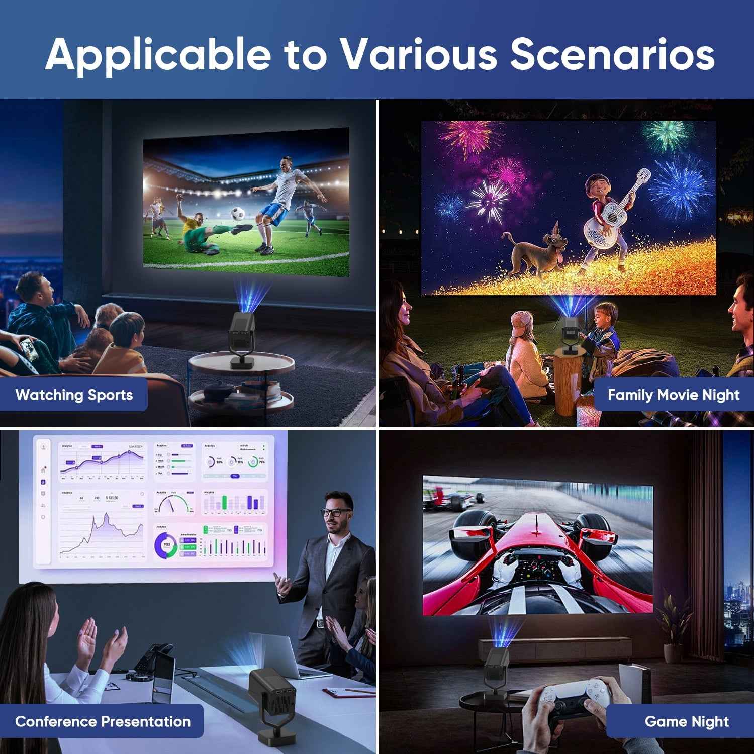 Synapik Bluetooth Projector, 1080P Support Portable Projector with Auto Keystone, Compatible with TV Stick/HDMI/USB, for Home/Party/Outdoor Use