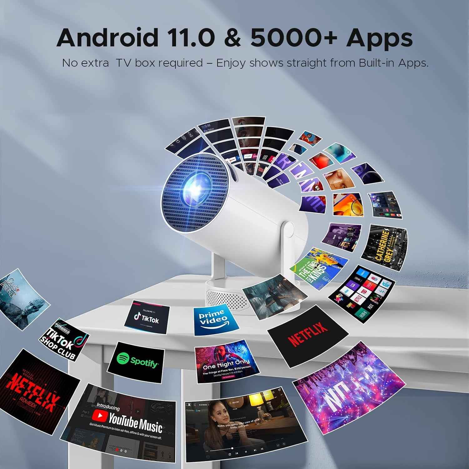 Synapik Mini Bluetooth Portable Projector with 5W Soundbase Speaker & 220ยฐ Rotation, Auto Keystone, 300 ANSI 4K WiFi Android 11 Smart Projector