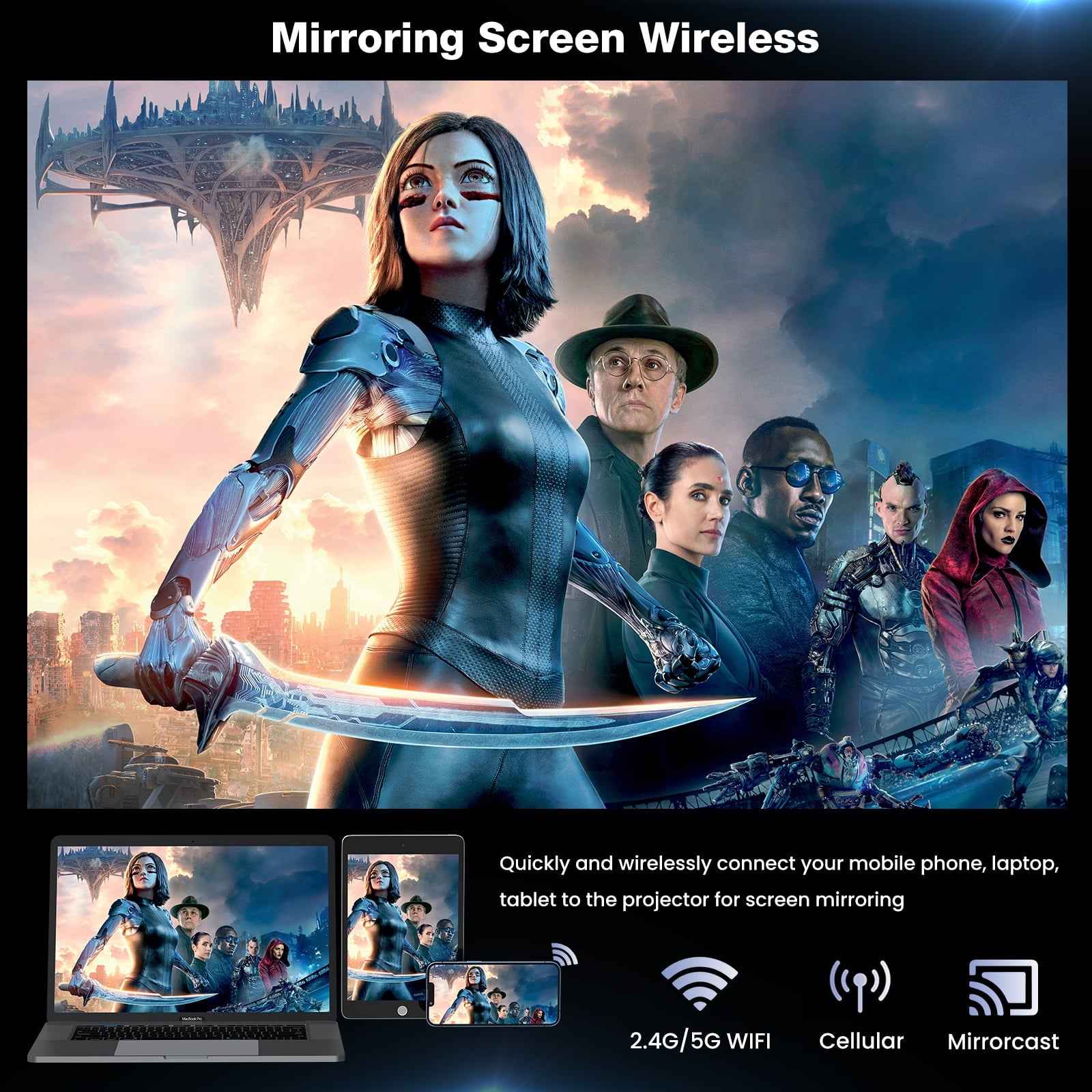 Synapik 4K Support Portable Projector with Wifi and Bluetooth Mini Projector with Speaker FHD Native 1080P Projectors for Outdoor Movies Home Theater