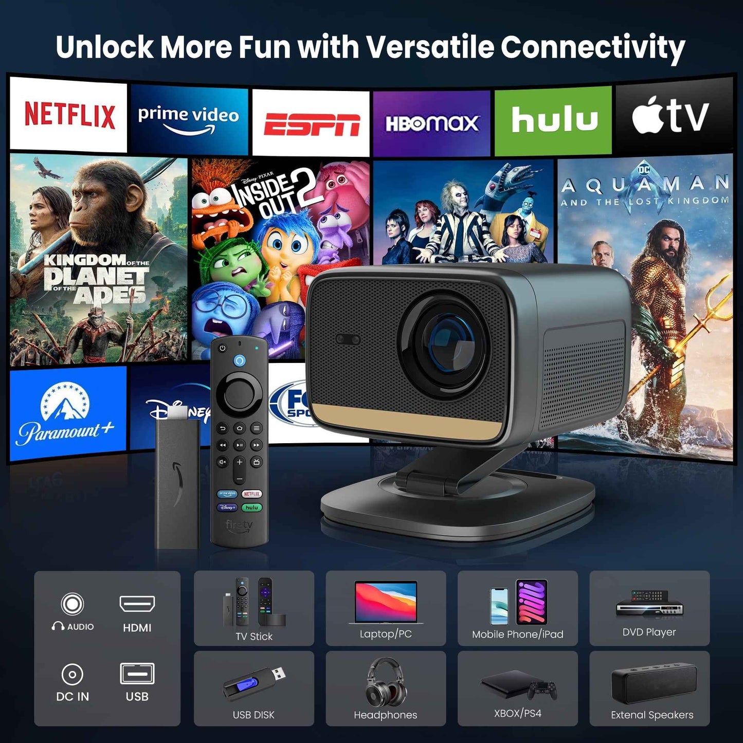 Synapik L810S Pro 1080P Smart Projector Bundle with Carrying Case, Foldable Screen, Remote, Accessories, and Built-In Streaming Apps, Auto-Focus, Dolby Audio, 4K Support