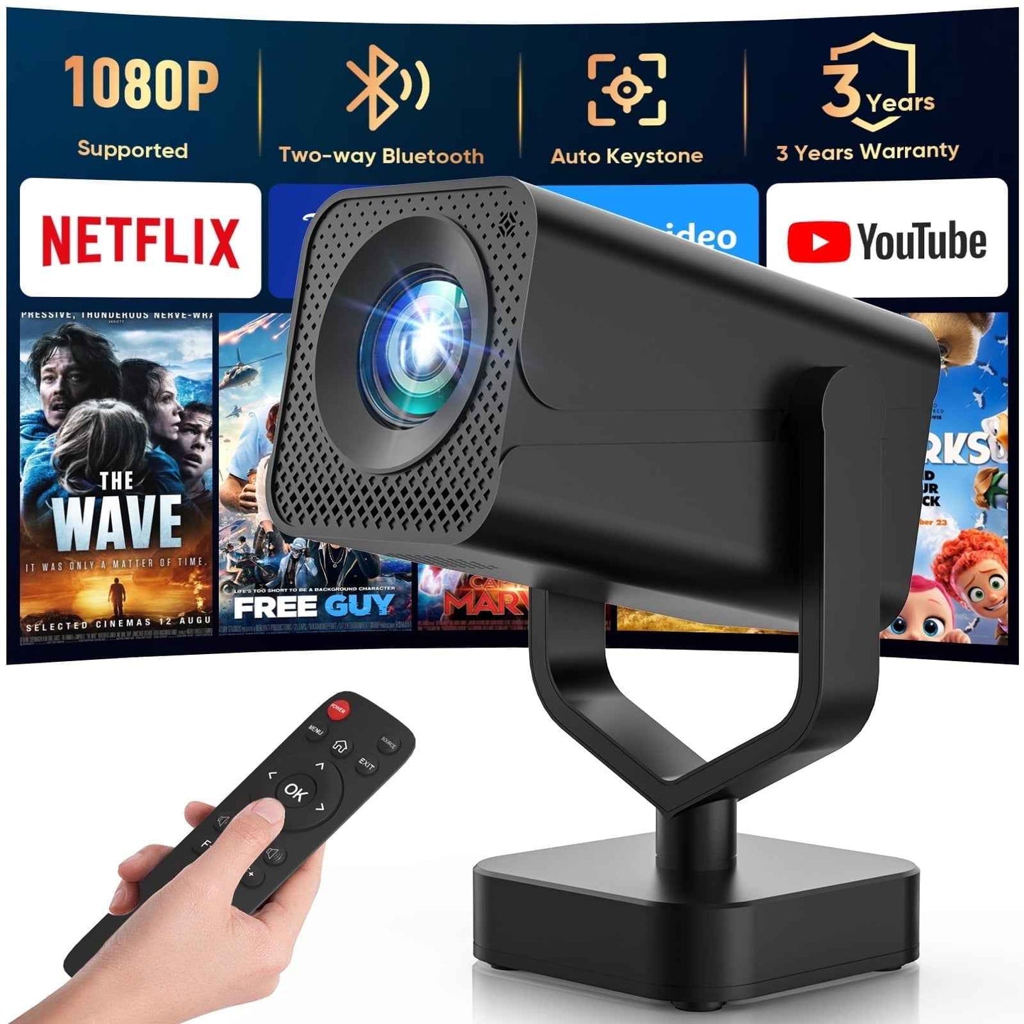 Synapik Bluetooth Projector, 1080P Support Portable Projector with Auto Keystone, Compatible with TV Stick/HDMI/USB, for Home/Party/Outdoor Use