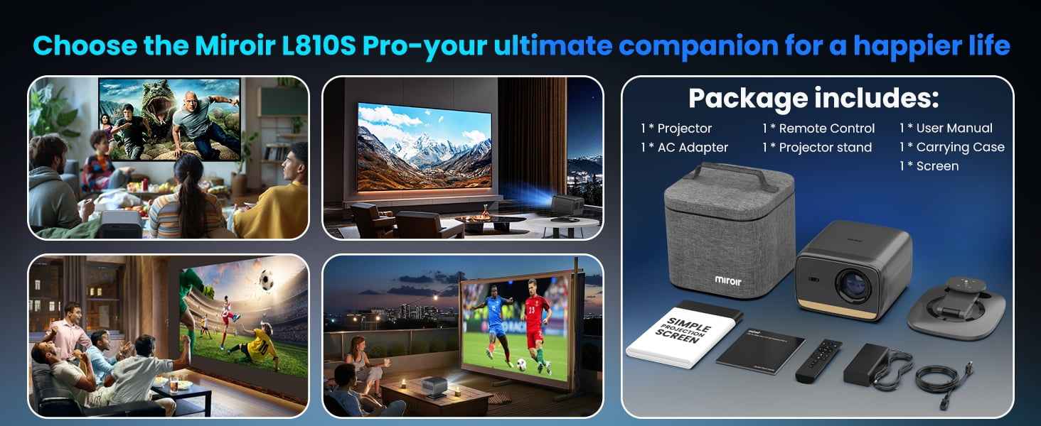 Synapik L810S Pro 1080P Smart Projector Bundle with Carrying Case, Foldable Screen, Remote, Accessories, and Built-In Streaming Apps, Auto-Focus, Dolby Audio, 4K Support
