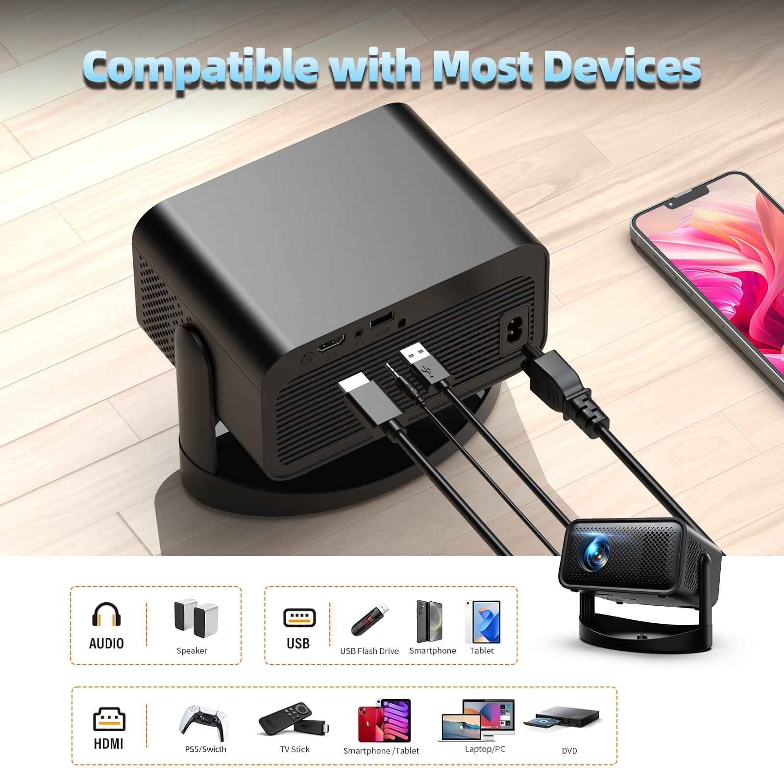 Synapik Smart Projector 1080P with WiFi and Bluetooth, 360° Rotation Portable Movie Projector with Auto Keystone & Electric Focus for Home Theater