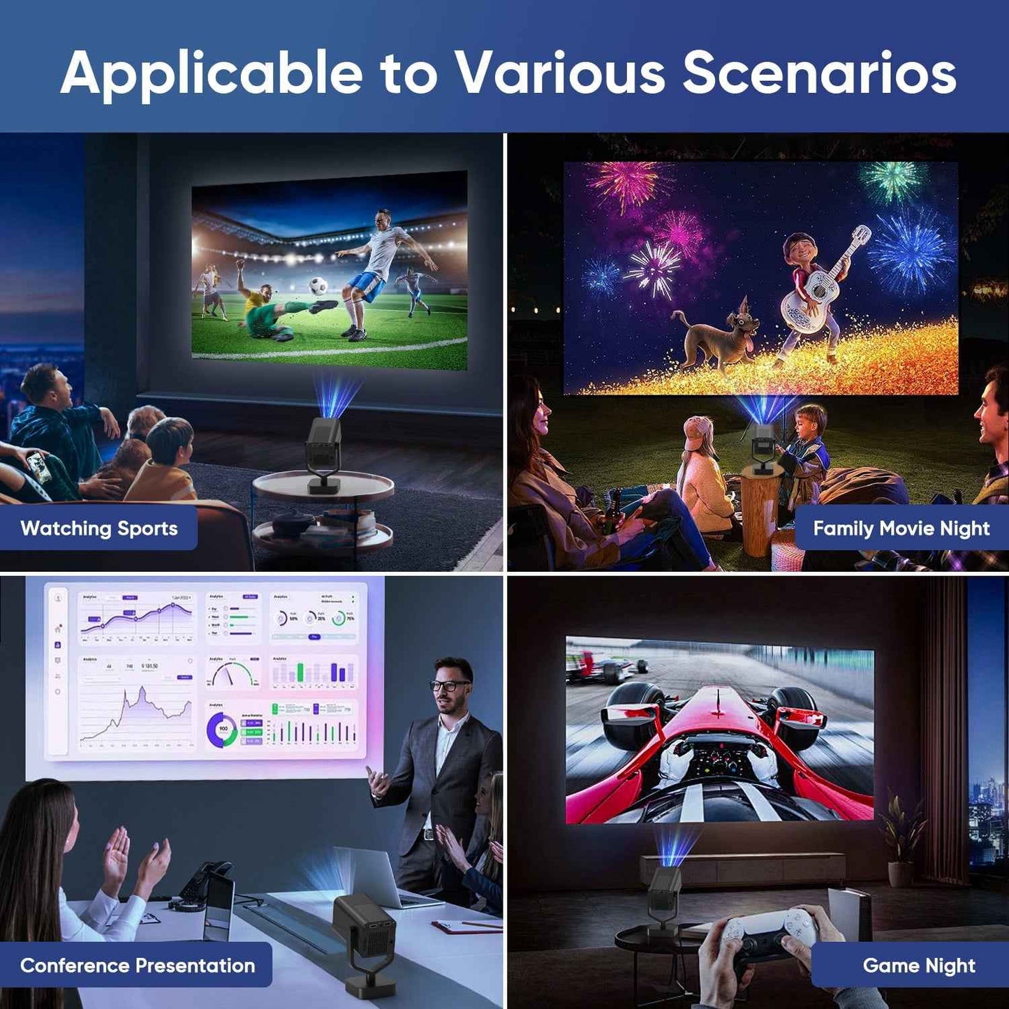 Synapik Bluetooth Projector, 1080P Support Portable Projector with Auto Keystone, Compatible with TV Stick/HDMI/USB, for Home/Party/Outdoor Use