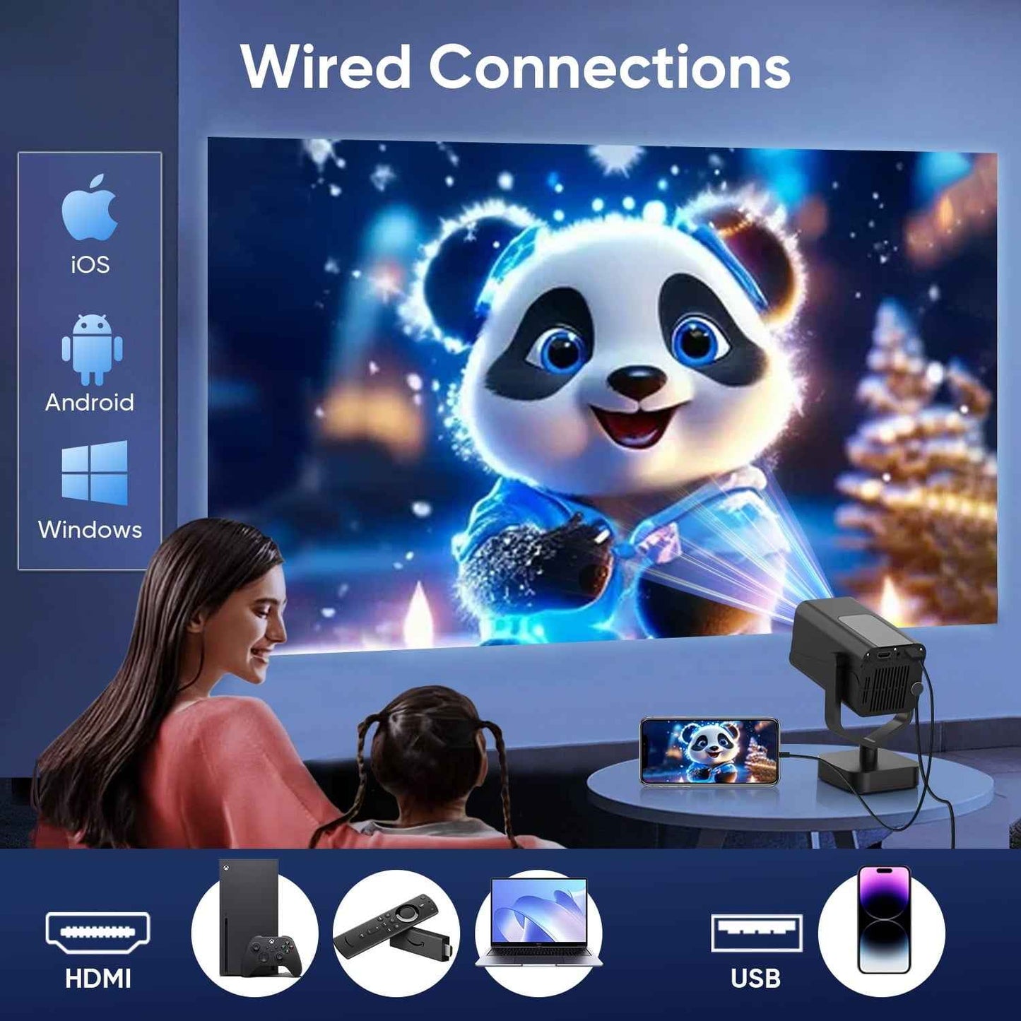 Synapik Bluetooth Projector, 1080P Support Portable Projector with Auto Keystone, Compatible with TV Stick/HDMI/USB, for Home/Party/Outdoor Use