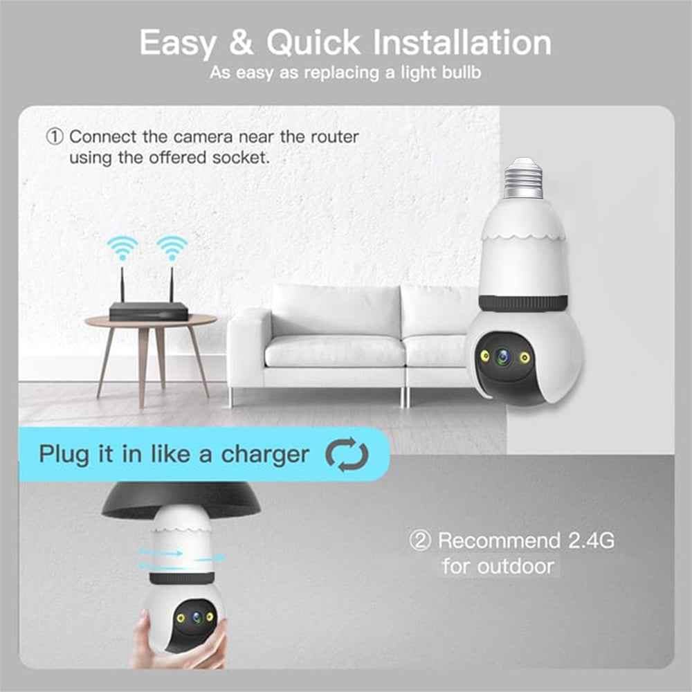 Synapik 2MP Light Bulb Security Camera 2.4GHz Wireless Outdoor Indoor Camera with Night Vision
