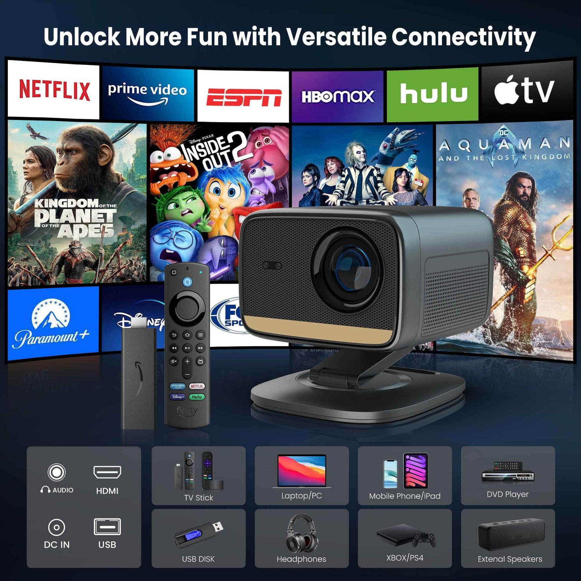 Synapik L810S Pro 1080P Smart Projector Bundle with Carrying Case, Foldable Screen, Remote, Accessories, and Built-In Streaming Apps, Auto-Focus, Dolby Audio, 4K Support