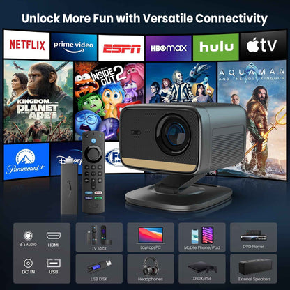 Synapik L810S Pro 1080P Smart Projector Bundle with Carrying Case, Foldable Screen, Remote, Accessories, and Built-In Streaming Apps, Auto-Focus, Dolby Audio, 4K Support