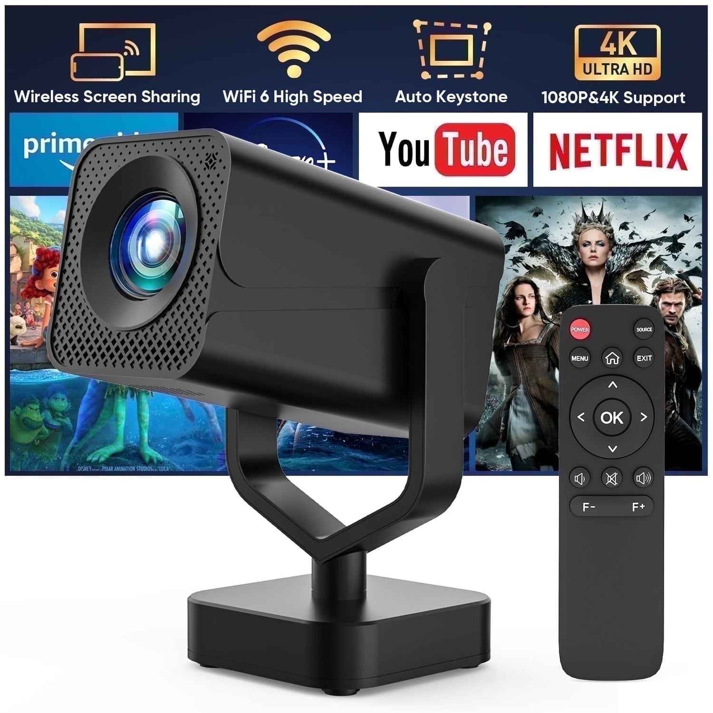 Synapik Bluetooth Projector, 1080P Support Portable Projector with Auto Keystone, Compatible with TV Stick/HDMI/USB, for Home/Party/Outdoor Use