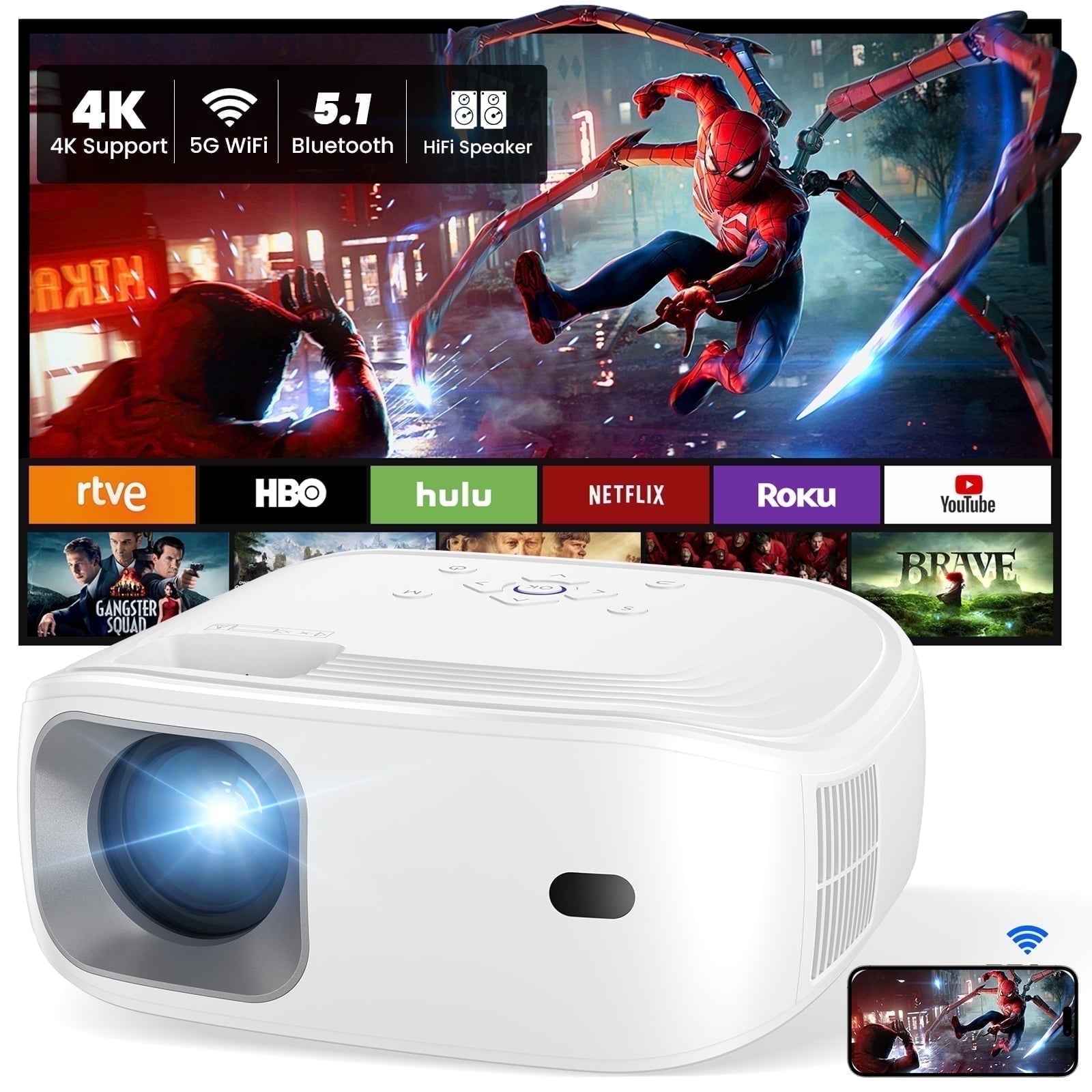 Synapik 4K Support Portable Projector with Wifi and Bluetooth Mini Projector with Speaker FHD Native 1080P Projectors for Outdoor Movies Home Theater
