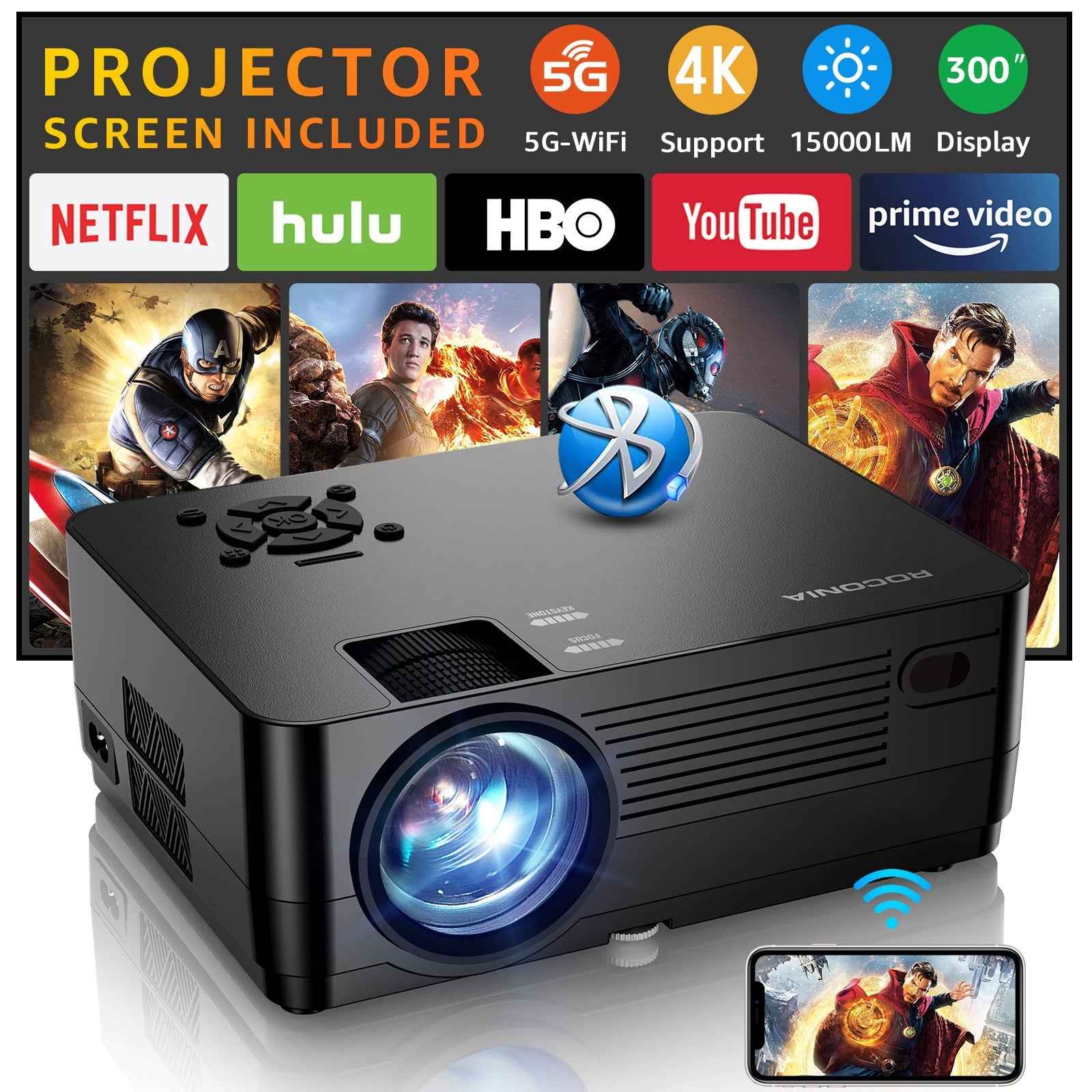 Synapik 5G WiFi Bluetooth 4K Support Native 1080P, 15000LM Full HD Movie Projector, LCD Technology 300" Display Home Theater,(Projector Screen Included)