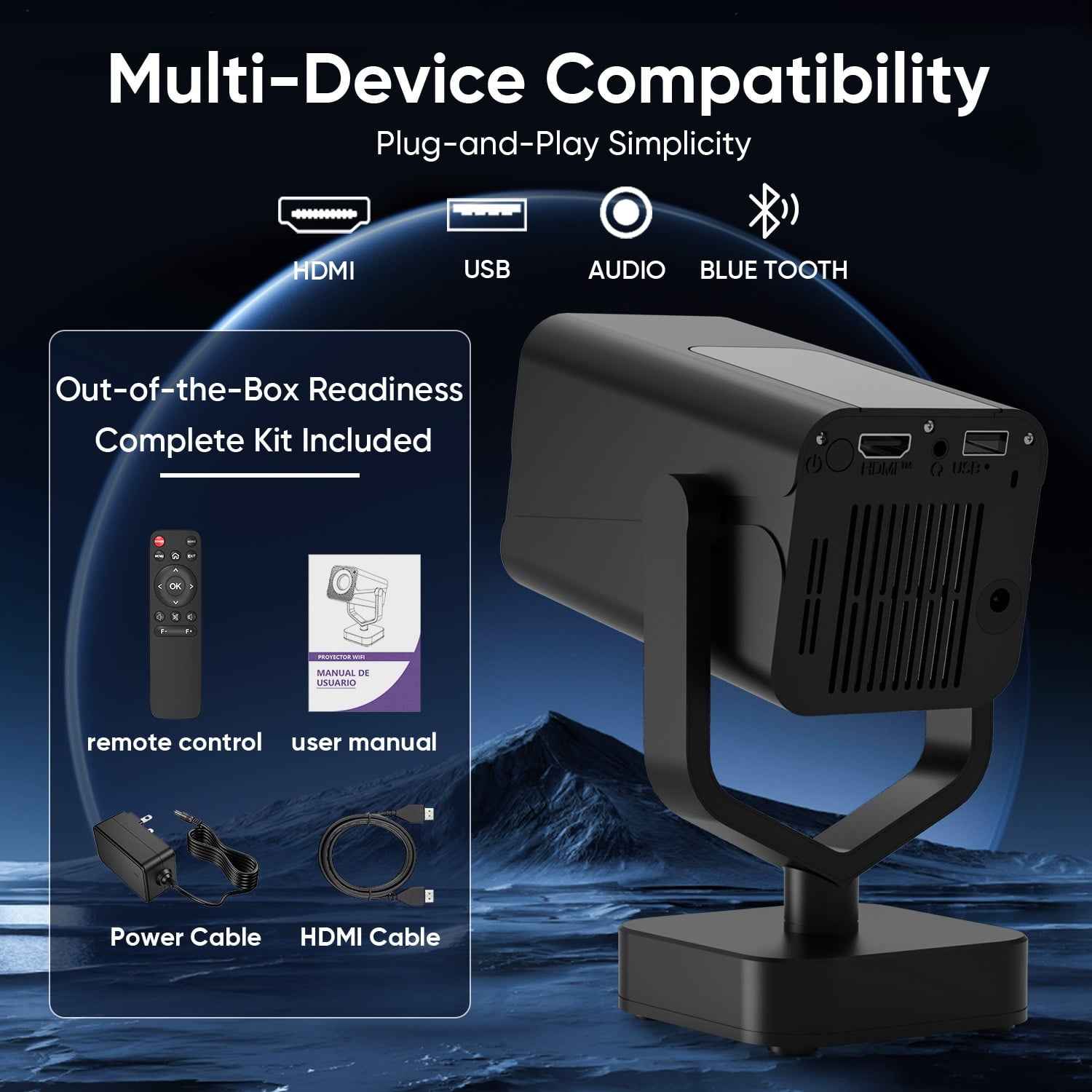 Synapik Bluetooth Projector, 1080P Support Portable Projector with Auto Keystone, Compatible with TV Stick/HDMI/USB, for Home/Party/Outdoor Use